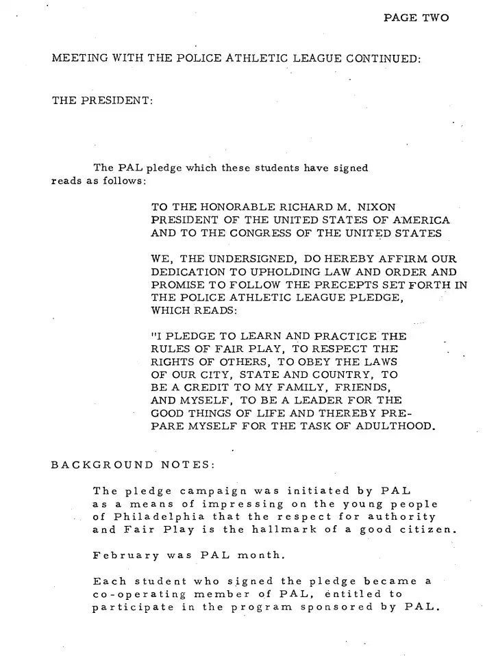 Page 2 of White House archives records on a meeting with the Police Athletic League of Philadelphia (PAL) Representatives with The White House on Friday April, 18 1969